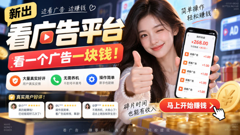 新出看广告平台，看一个广告一块钱，大量真实好评！无需养机、不会黑号，操作简单【揭秘】|一人科技OPC聚合软件
