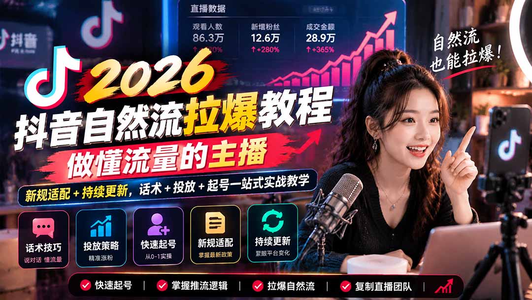 抖音自然流拉爆教程-更新1023：做懂流量的主播，新规适配+持续更新，话术+投放+起号一站式实战教学|一人科技OPC聚合软件