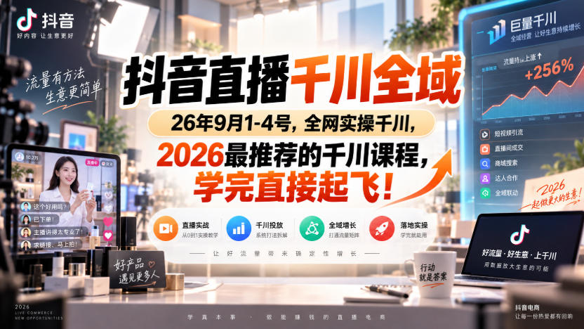 抖音直播千川全域26年9月1-4号，全网实操千川，2026最推荐的千川课程，学完直接起飞！|一人科技OPC聚合软件