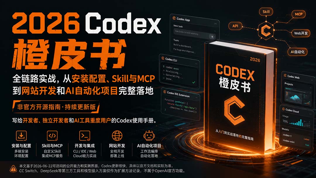 2026Codex橙皮书：全链路实战，从安装配置、Skill与MCP到网站开发和AI自动化项目完整落地|一人科技OPC聚合软件