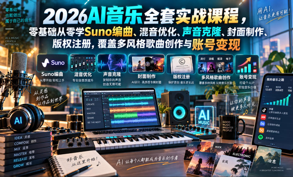2026AI音乐实战课程，零基础从零学Suno编曲、混音优化、声音克隆、版权注册，覆盖多风格歌曲创作与账号变现|一人科技OPC聚合软件