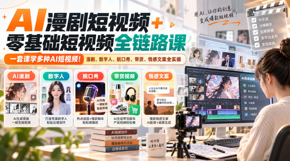 AI漫剧短视频+零基础短视频全链路课，一套课学多种AI短视频！漫剧、数字人、脱口秀、带货、情感文案全实操|一人科技OPC聚合软件