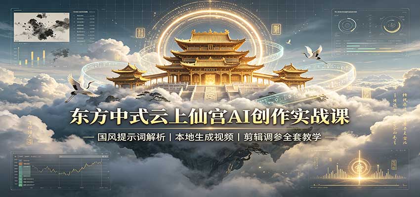 东方中式云上仙宫AI创作实战课：国风提示词解析，本地生成视频，剪辑调参全套教学|一人科技OPC聚合软件