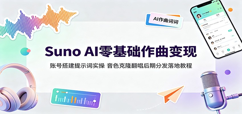 Suno AI零基础作曲变现：账号搭建提示词实操，音色克隆翻唱后期分发落地教程|一人科技OPC聚合软件