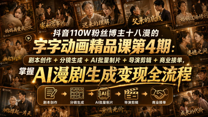 抖音110W粉丝博主十八漫的字字动画精品课第4期：剧本创作+分镜生成+剪辑+商业接单，掌握AI漫剧生成变现全流程|一人科技OPC聚合软件
