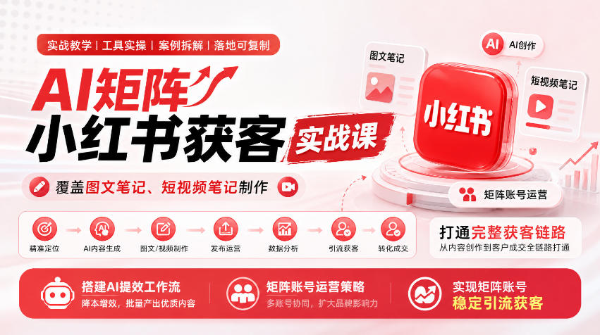 AI矩阵小红书获客实战课，覆盖图文笔记、短视频笔记制作，打通完整获客链路，搭建AI提效工作流，实现矩阵账号稳定引流获客|一人科技OPC聚合软件