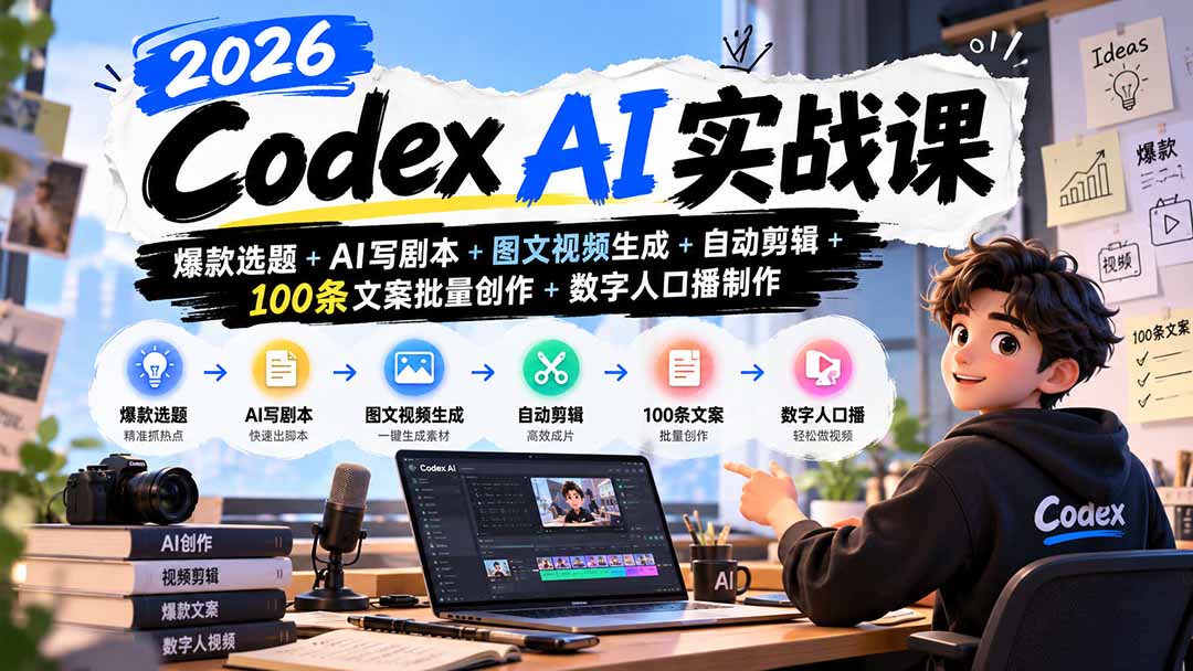 2026Codex AI实战课：爆款选题+AI写剧本+图文视频生成+自动剪辑+100条文案批量创作+数字人口播制作|一人科技OPC聚合软件