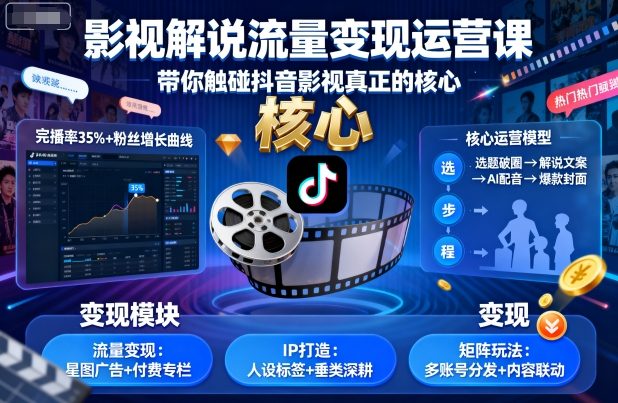 影视解说流量变现运营课，带你触碰抖音影视真正的核心|HOOK协议网