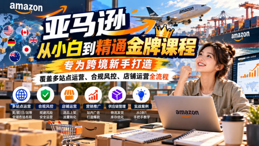 亚马逊从小白到精通金牌课程，专为跨境新手打造，覆盖多站点运营、合规风控、店铺运营全流程|一人科技OPC聚合软件
