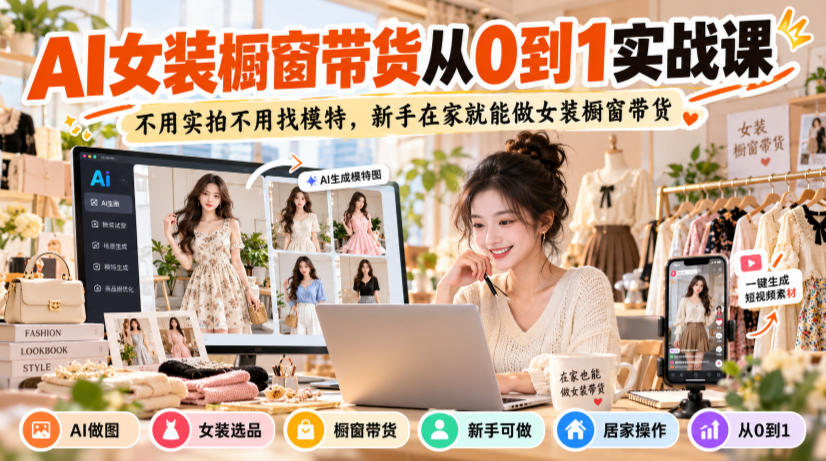 AI女装橱窗带货从0到1实战课，不用实拍不用找模特，新手在家就能做女装橱窗带货|一人科技OPC聚合软件