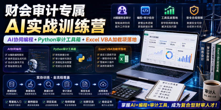财会审计专属AI实战训练营｜AI协同编程+Python审计工具箱+Excel VBA加载项落地|一人科技公司导航