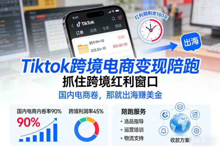 Tiktok跨境电商变现陪跑，抓住跨境红利窗口，国内电商卷，那就出海賺美金|HOOK协议网