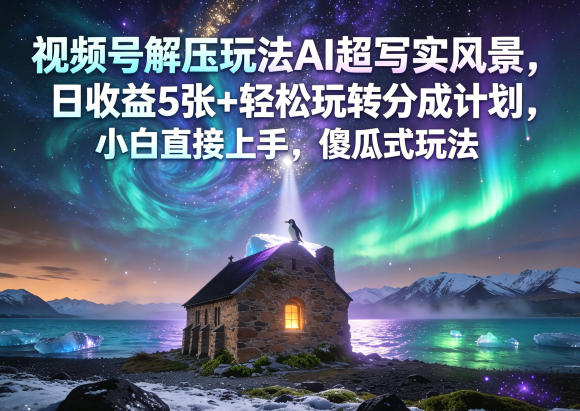 视频号解压玩法AI超写实风景，日收益5张+轻松玩转分成计划，小白直接上手，傻瓜式玩法|一人科技公司导航