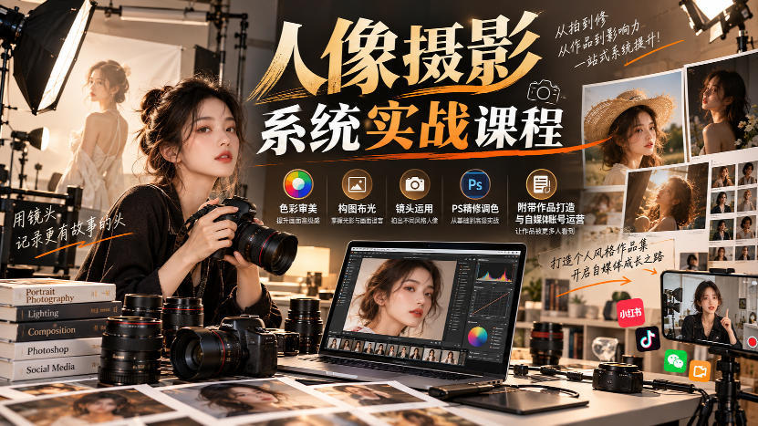 【无水印】人像摄影系统实战课程，色彩审美、构图布光、镜头运用、PS精修调色，附带作品打造与自媒体账号运营|一人科技OPC聚合软件