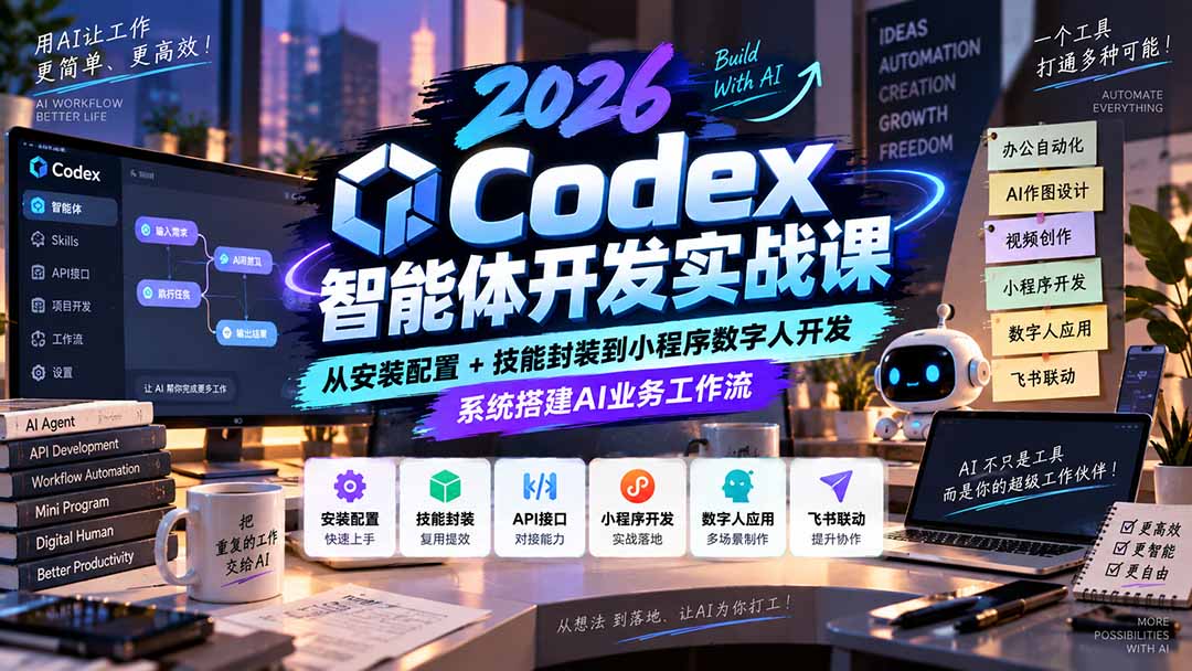 2026Codex智能体开发实战课：从安装配置+技能封装到小程序数字人开发，系统搭建AI业务工作流|一人科技OPC聚合软件