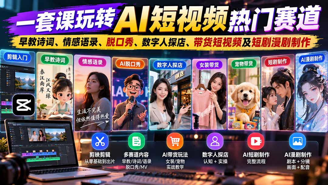 一套课玩转AI短视频热门赛道：早教诗词、情感语录、脱口秀、数字人探店、带货短视频及短剧漫剧制作  复制标题|一人科技OPC聚合软件