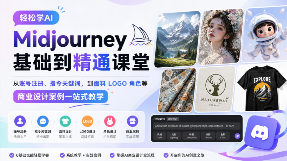 轻松学AI Midjourney基础到精通课堂，从账号注册、指令关键词，到面料LOGO角色等商业设计案例一站式教学|一人科技OPC聚合软件