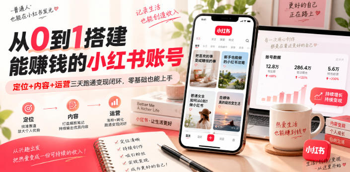 从0到1搭建能賺钱的小红书账号，定位+内容+运营三天跑通变现闭环|一人科技OPC聚合软件