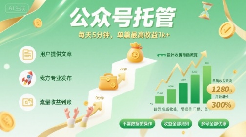 【公众号托管 】我提供文章，你发布，每天5分钟，单篇最高收益1k+【揭秘】|HOOK协议网