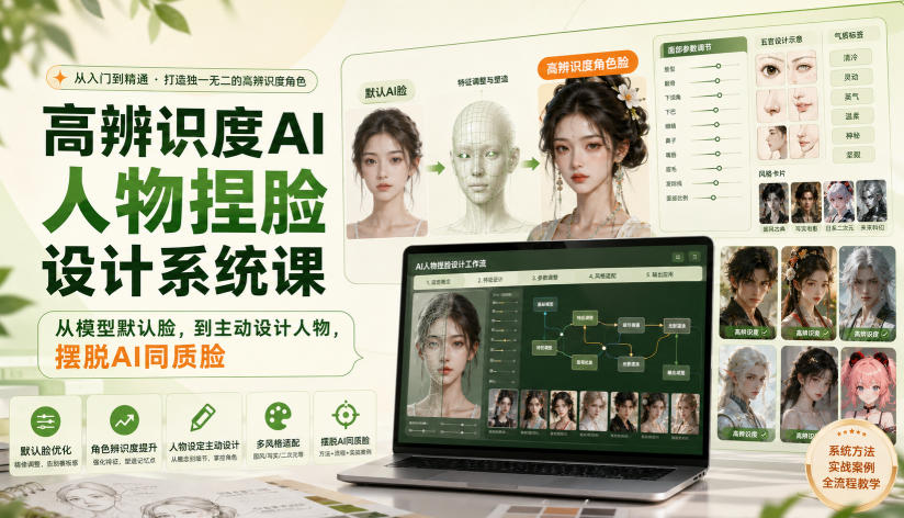 高辨识度AI人物捏脸设计系统课，从模型默认脸，到主动设计人物，摆脱AI同质脸|一人科技OPC聚合软件