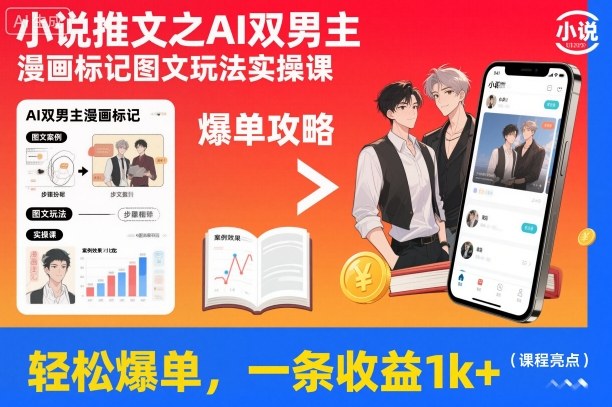 小说推文之AI双男主漫画标记图文玩法实操课，轻松爆单，一条收益1k+|HOOK协议网
