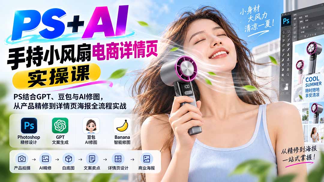 PS+AI手持小风扇电商详情页实操课：PS结合GPT、豆包与AI修图，从产品精修到详情页海报全流程实战|一人科技OPC聚合软件
