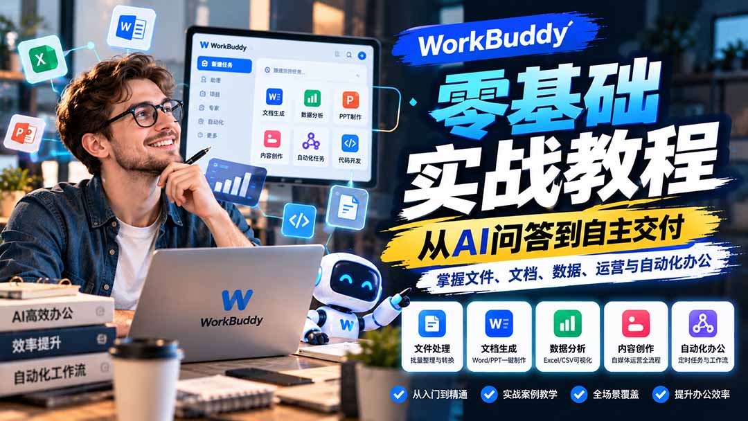 WorkBuddy零基础实战教程：从AI问答到自主交付，掌握文件、文档、数据、运营与自动化办公|一人科技OPC聚合软件