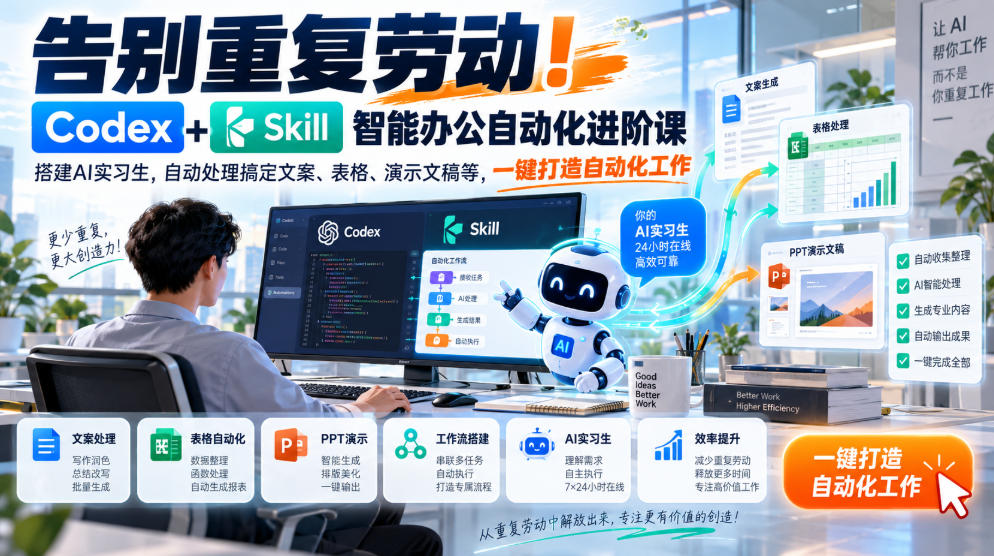 告别重复劳动！Codex+Skill智能办公自动化进阶课｜搭建AI实习生，自动处理搞定文案、表格、演示文稿等，一键打造自动化工作|一人科技OPC聚合软件