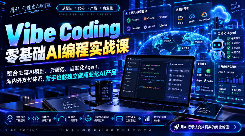 Vibe Coding零基础AI编程实战课-无水印，整合主流AI模型、云服务、自动化Agent、海内外支付体系，新手也能独立做商业化AI产品|一人科技OPC聚合软件