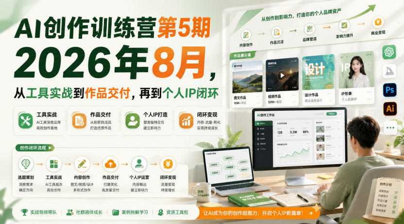 AI创作训练营第5期2026年8月，从工具实战到作品交付，再到个人IP闭环(更新0904)|一人科技OPC聚合软件