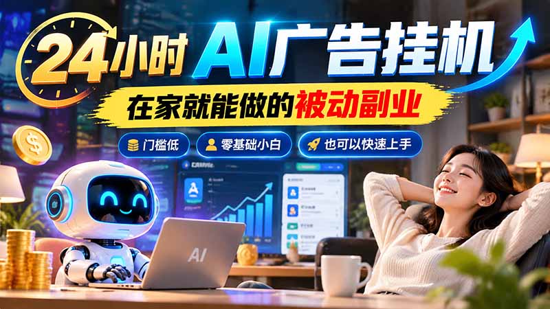 24小时AI广告挂机｜在家就能做的被动副业，门槛低，零基础小白也可以快速上手|一人科技OPC聚合软件