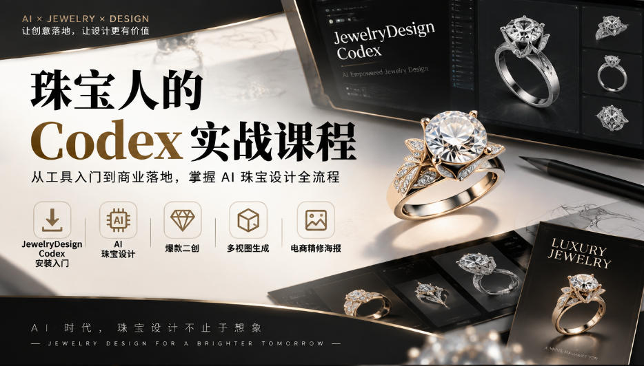 珠宝人的Codex实战课程｜JewelryDesign Codex安装入门、AI珠宝设计、爆款二创、多视图生成、电商精修海报全链路教学|一人科技OPC聚合软件
