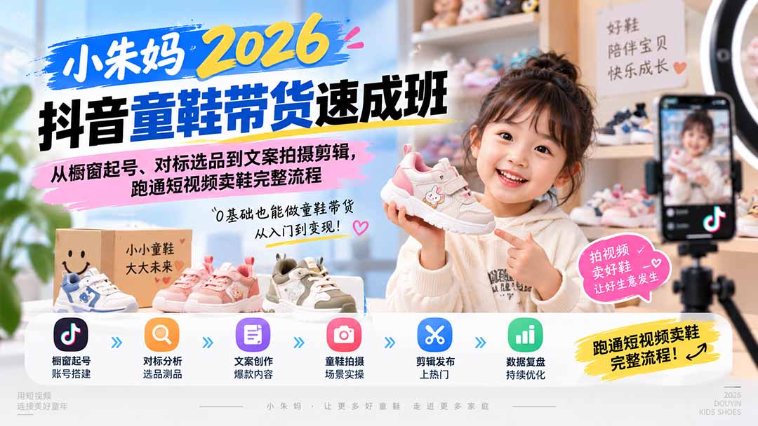 小朱妈2026抖音童鞋带货速成班：从橱窗起号、对标选品到文案拍摄剪辑，跑通短视频卖鞋完整流程|一人科技OPC聚合软件