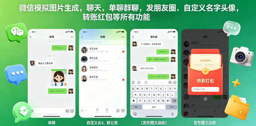 微信模拟图片生成，聊天，单聊群聊，发朋友圈，自定义名字头像，转账红包等所有功能都可以生成|一人科技公司导航