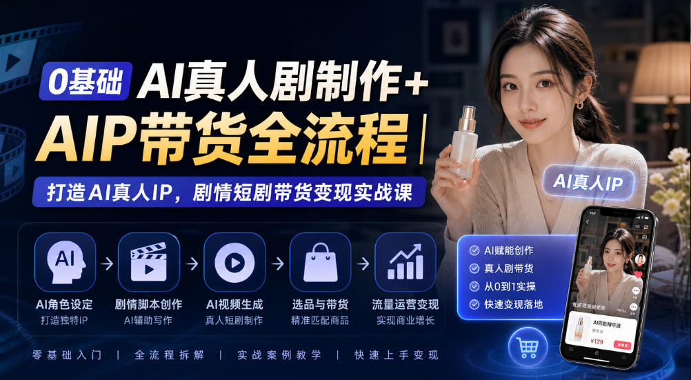 0基础AI真人剧制作+AIP带货全流程｜打造AI真人IP，剧情短剧带货变现实战课|一人科技OPC聚合软件