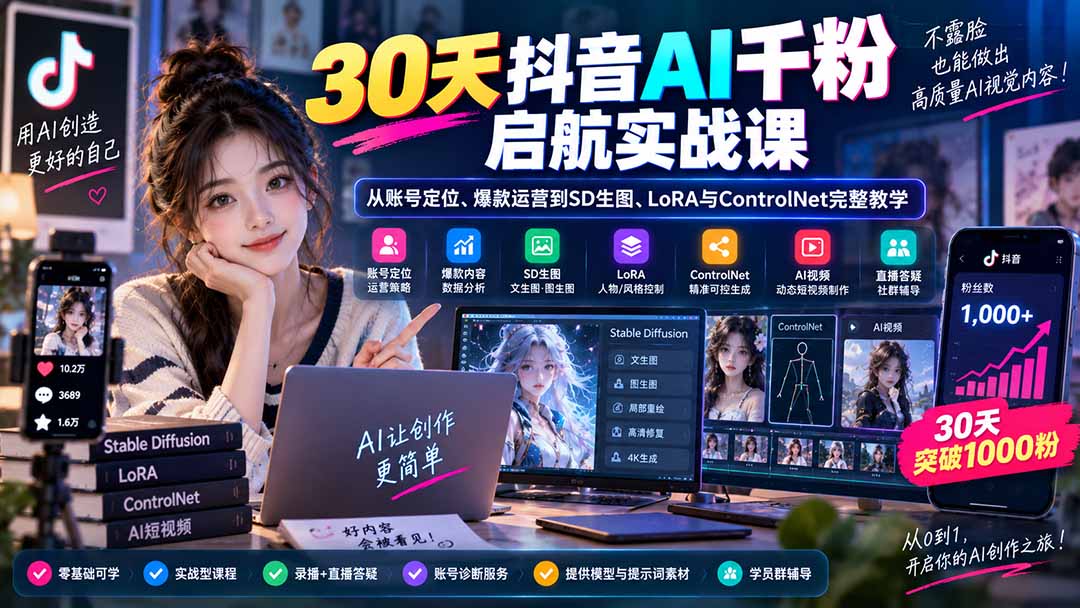 30天抖音AI千粉启航实战课：从账号定位、爆款运营到SD生图、LoRA与ControlNet完整教学|一人科技OPC聚合软件