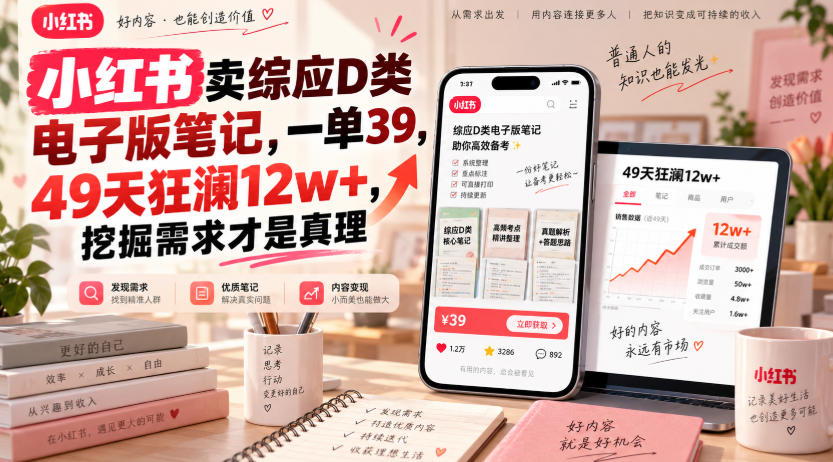 小红书卖综应D类电子版笔记，一单39，49天狂澜12w+，挖掘需求才是真理|一人科技OPC聚合软件