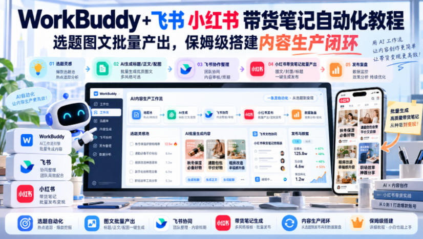 WorkBuddy+飞书小红书带货笔记自动化教程，选题图文批量产出，保姆级搭建内容生产闭环【文档】|一人科技OPC聚合软件