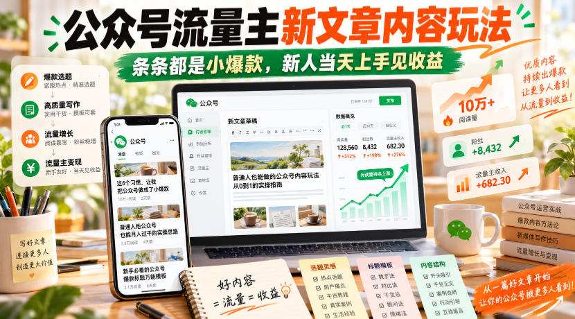 公众号流量主新文章内容玩法，条条都是小爆款，新人当天上手见收益|一人科技OPC聚合软件