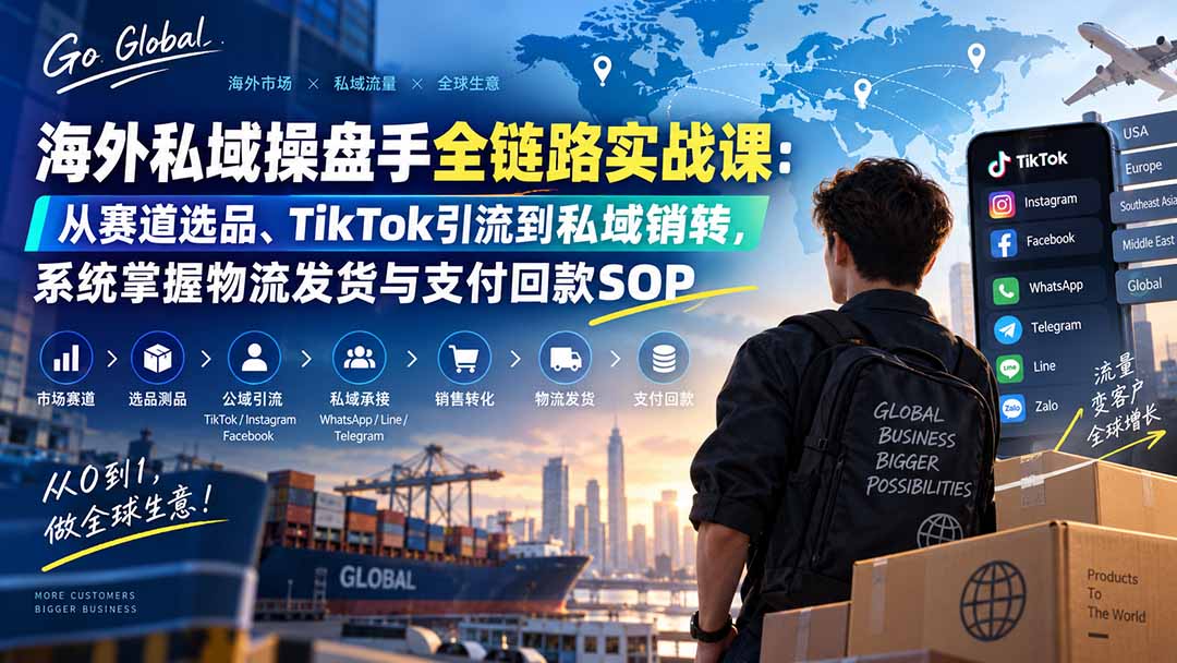 海外私域操盘手全链路实战课：从赛道选品、TikTok引流到私域销转，系统掌握物流发货与支付回款SOP|一人科技OPC聚合软件