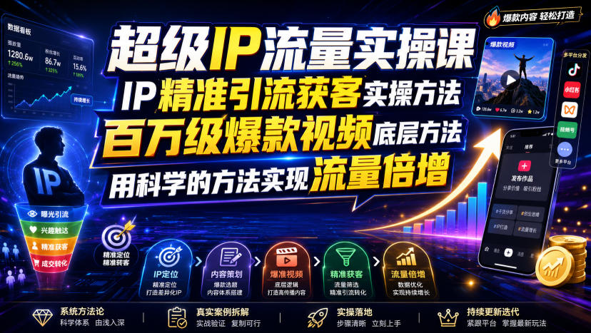 超级IP流量实操课，IP精准引流获客实操方法，百万级爆款视频底层方法，用科学的方法实现流量倍增|一人科技OPC聚合软件