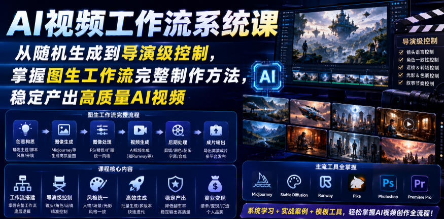 AI视频工作流系统课，从随机生成到导演级控制，掌握图生工作流完整制作方法，稳定产出高质量AI视频|一人科技公司导航