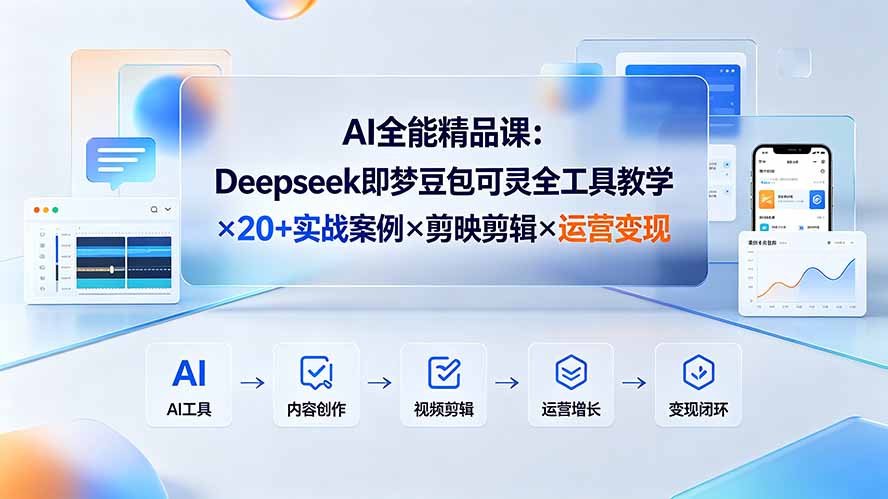 AI全能精品课：Deepseek即梦豆包可灵全工具教学×20+实战案例×剪映剪辑×运营变现|一人科技OPC聚合软件