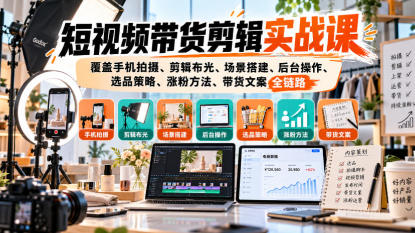 短视频带货剪辑实战课，覆盖手机拍摄、剪辑布光、场景搭建、后台操作、选品策略、涨粉方法、带货文案全链路|一人科技OPC聚合软件
