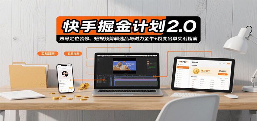 快手掘金计划2.0，账号定位装修、短视频剪辑选品与磁力金牛+裂变出单实战指南|HOOK协议网