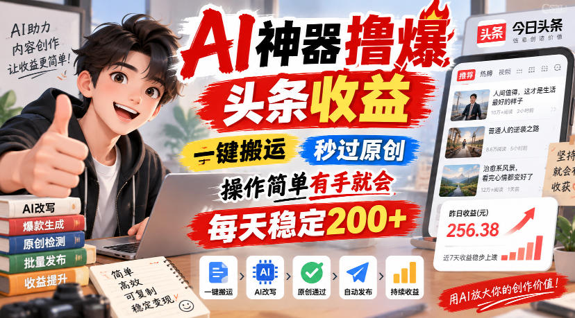 AI神器撸爆头条收益，一键搬运，秒过原创，操作简单有手就会，每天稳定200+【揭秘】|一人科技OPC聚合软件