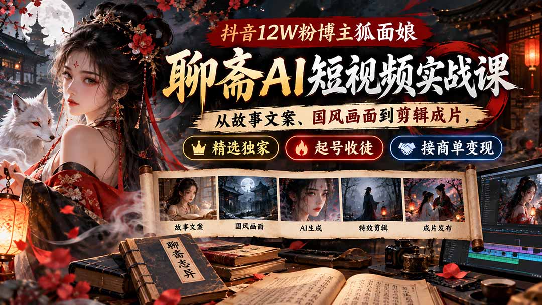 抖音12W粉博主狐面娘-聊斋AI短视频实战课：从故事文案、国风画面到剪辑成片，精选独家+起号收徒+接商单变现|一人科技OPC聚合软件
