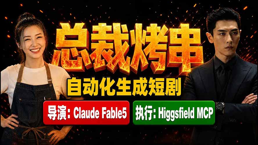 《总裁烤串》真人短剧全自动诞生！Claude Fable5 当导演，Higgsfield MCP 执行！|一人科技OPC聚合软件
