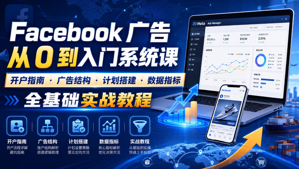 Facebook广告新手从0到入门系统课｜开户指南・广告结构・计划搭建・数据指标全基础实战教程|一人科技OPC聚合软件