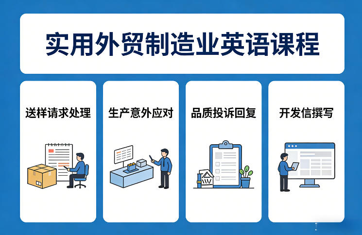 实用外贸制造业英语课程，教你专业处理送样请求、应对生产意外、回复品质投诉、撰写开发信等|协议软件打粉软件